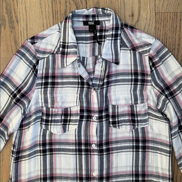 Paige Women’s Pink Black and White Thin Flannel Button Up Flannel Size Small - Picture 2 of 9